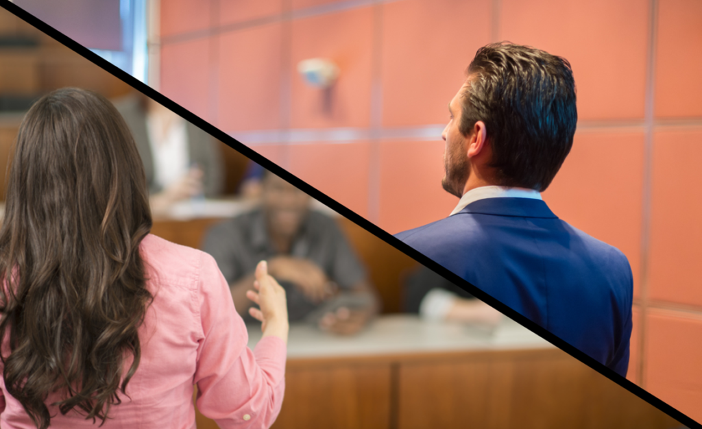 Diagonally split image of two people with their backs facing the camera