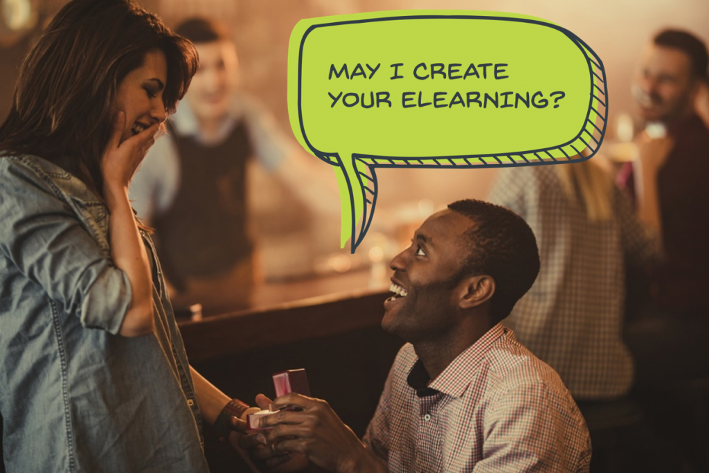Man proposing with speech bubble reading "May I create your eLearning?"