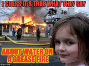 Meme "I guess it's true what they say about water on a grease fire"